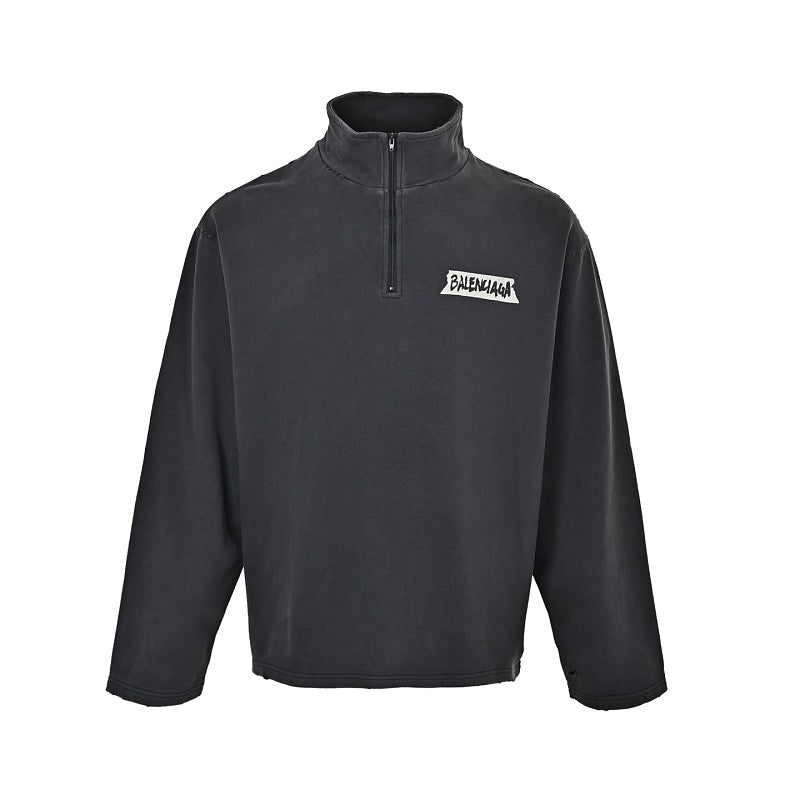 Exclusive Balenciaga Logo Half-Zip Cotton Pullover — S — Front View