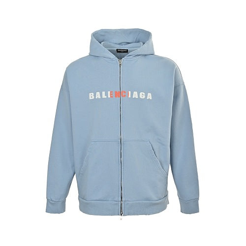 Exclusive Balenciaga Logo Print Cotton Hoodie — Blue — Size S — Top View