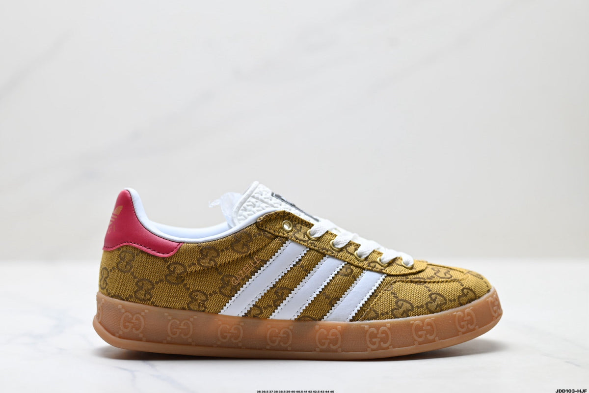 Exclusive Adidas Originals Samba GG Monogram Gold Brown Sneakers — EU 36 / US M4 / W5.5 / 23CM — Lifestyle View