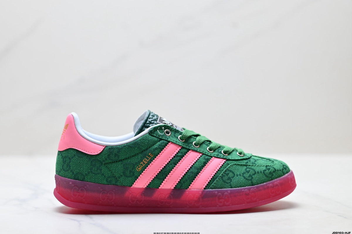 Exclusive Adidas Originals Gazelle GG Monogram Green Pink Sneakers — EU 36 / US M4 / W5.5 / 23CM — Lifestyle View