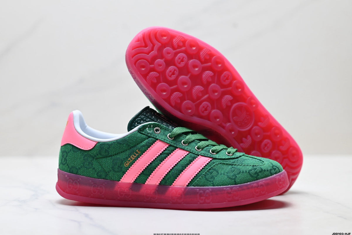 Exclusive Adidas Originals Gazelle GG Monogram Green Pink Sneakers — EU 36 / US M4 / W5.5 / 23CM — Back View
