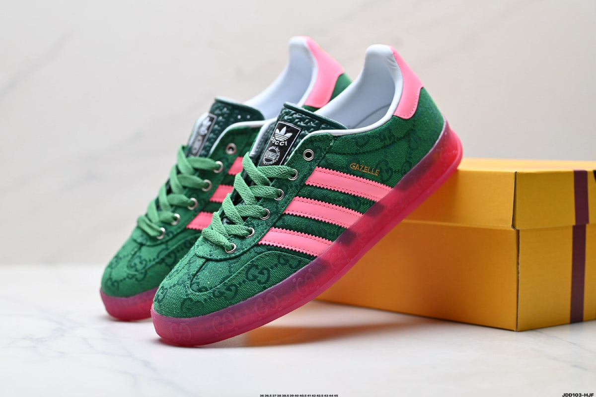 Exclusive Adidas Originals Gazelle GG Monogram Green Pink Sneakers — EU 36 / US M4 / W5.5 / 23CM — Side View