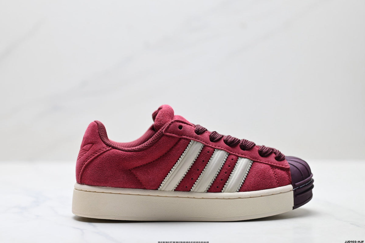 Exclusive Adidas Originals Superstar Platform Burgundy Suede Sneakers — EU 36 / US M4 / W5.5 / 23CM — Lifestyle View