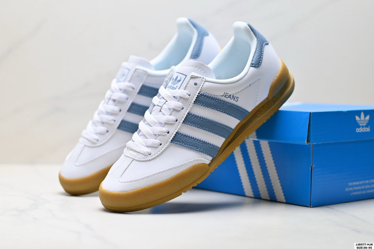 Exclusive Adidas Jeans White Blue Gum Sole Sneakers – Classic Retro Lifestyle Shoes — EU 36 / US M4 / W5.5 / 23CM — Side View