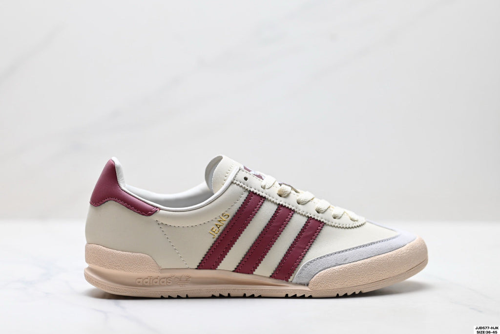 Exclusive Adidas Jeans Off White Burgundy Sneakers – Classic Retro Lifestyle Shoes — EU 36 / US M4 / W5.5 / 23CM — Lifestyle View