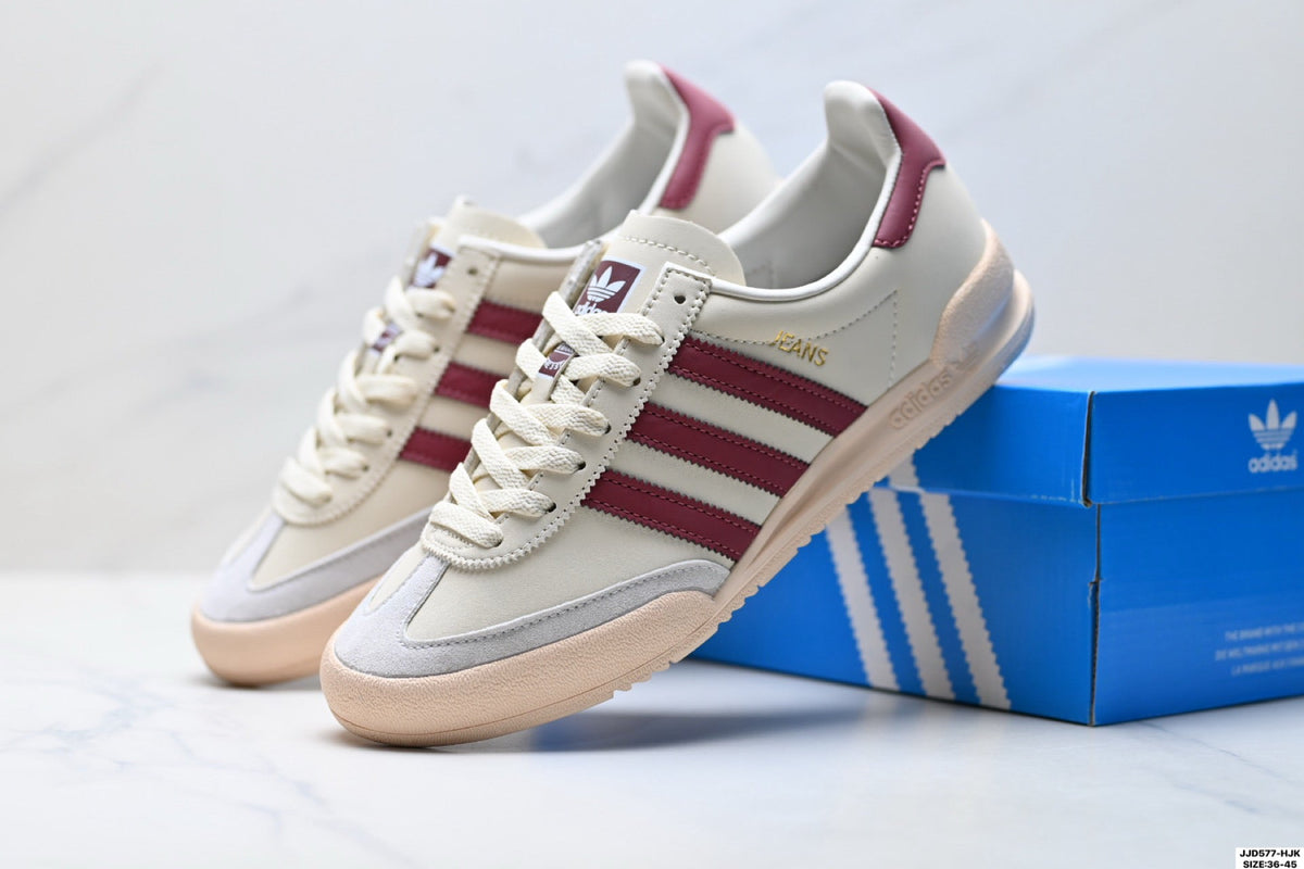 Exclusive Adidas Jeans Off White Burgundy Sneakers – Classic Retro Lifestyle Shoes — EU 36 / US M4 / W5.5 / 23CM — Side View