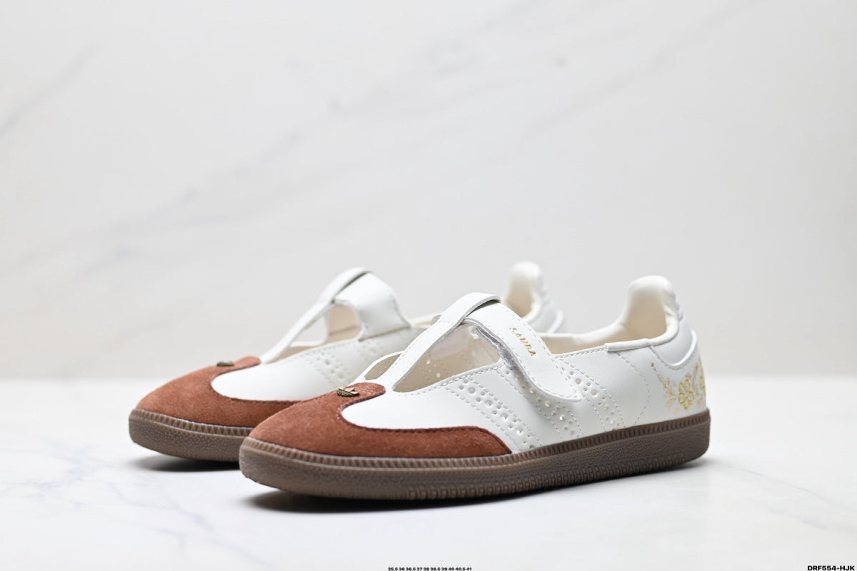 Exclusive Adidas Samba Mary Jane Leather Sneakers – White Brown Retro Ballet Shoes — EU 36 / US M4 / W5.5 / 23CM — Top View