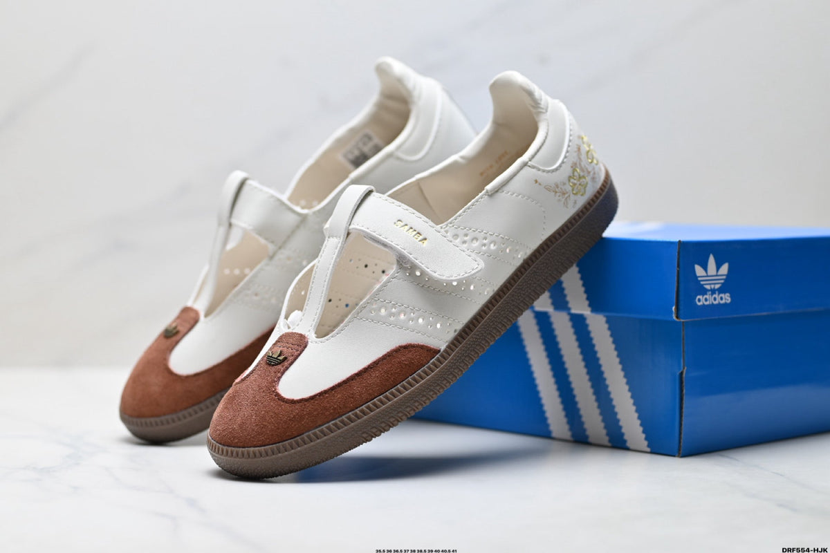 Exclusive Adidas Samba Mary Jane Leather Sneakers – White Brown Retro Ballet Shoes — EU 36 / US M4 / W5.5 / 23CM — Side View