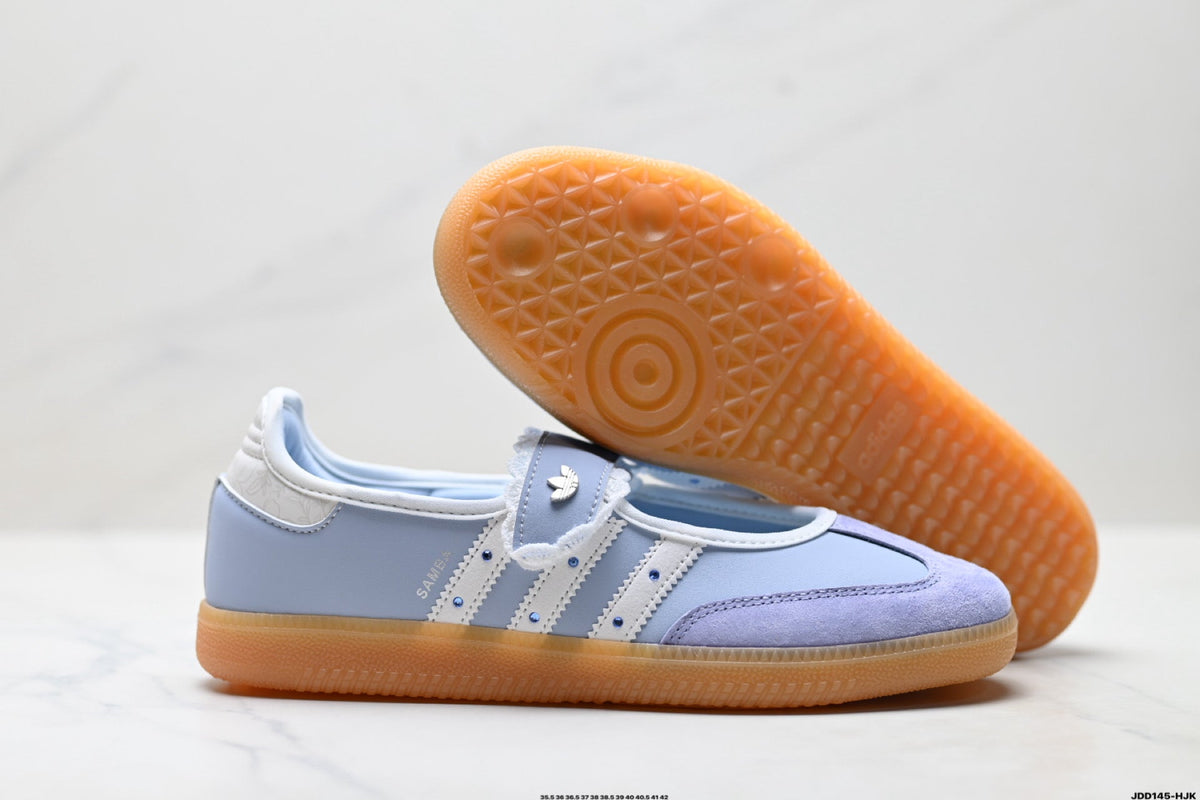 Exclusive Adidas Samba Mary Jane Light Blue Leather Sneakers – Retro Ballet Shoes — EU 36 / US M4 / W5.5 / 23CM — Back View