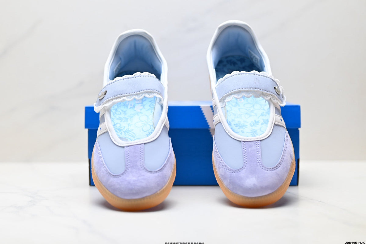 Exclusive Adidas Samba Mary Jane Light Blue Leather Sneakers – Retro Ballet Shoes — EU 36 / US M4 / W5.5 / 23CM — Detail View