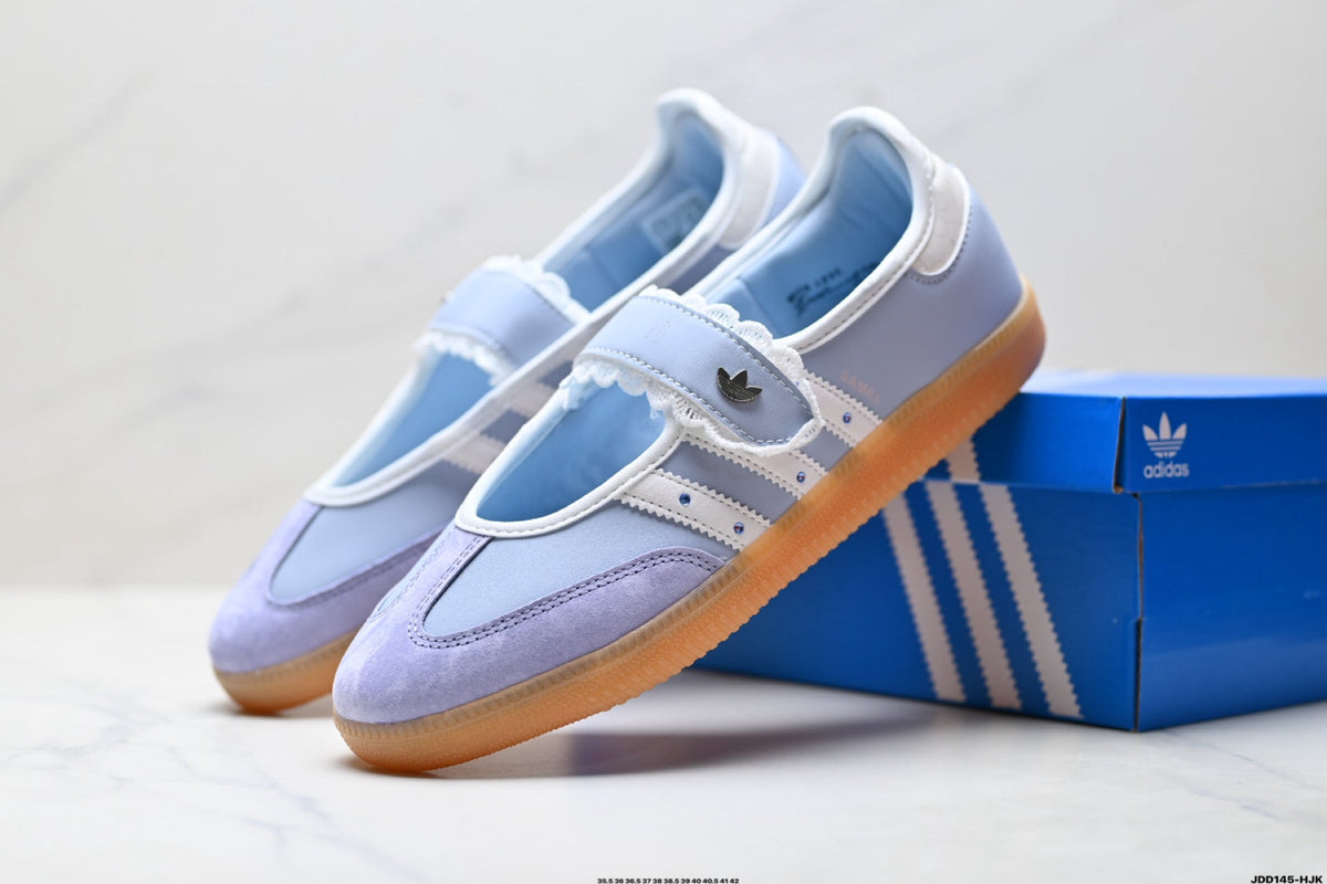 Exclusive Adidas Samba Mary Jane Light Blue Leather Sneakers – Retro Ballet Shoes — EU 36 / US M4 / W5.5 / 23CM — Side View