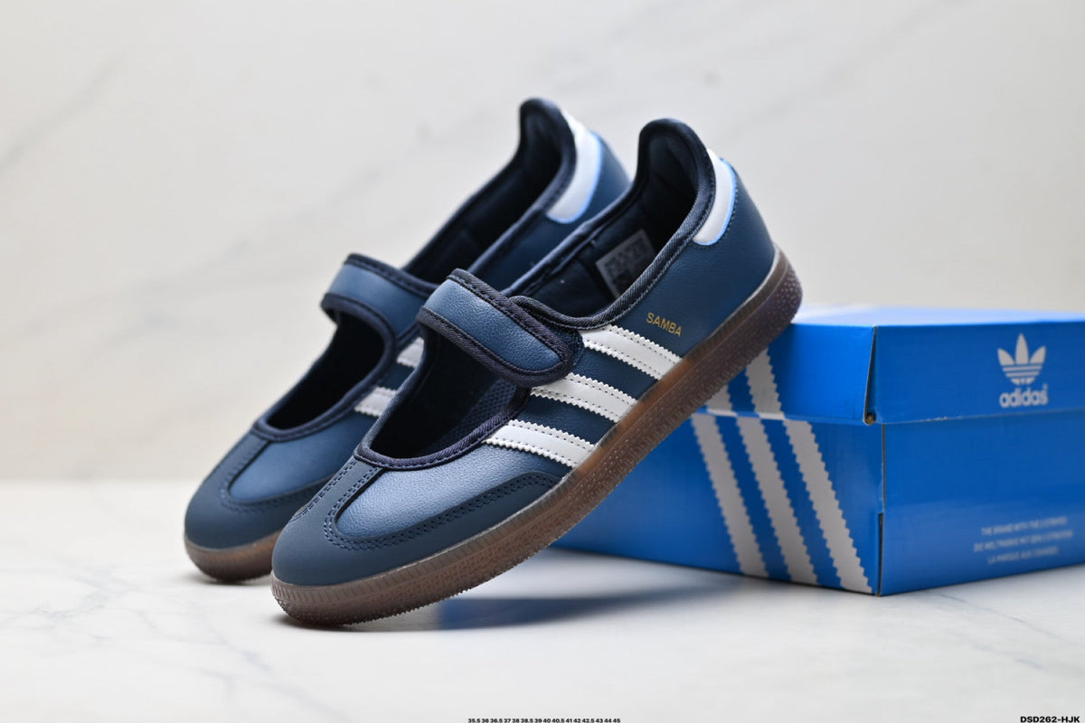 Exclusive Adidas Samba Mary Jane Navy Leather Sneakers – Classic Gum Sole Ballet Shoes — EU 36 / US M4 / W5.5 / 23CM — Side View