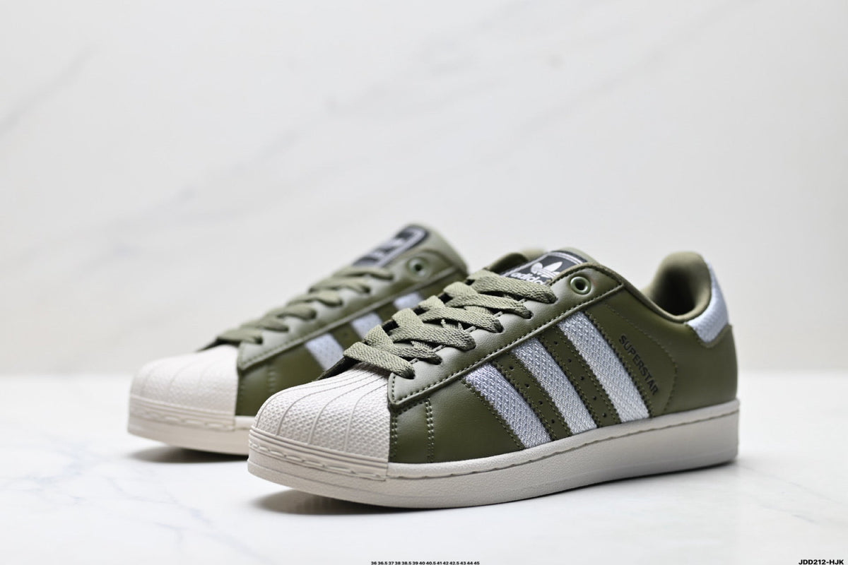 Exclusive Adidas Superstar Olive Green Leather Sneakers – Classic Lifestyle Shoes — EU 36 / US M4 / W5.5 / 23CM — Top View