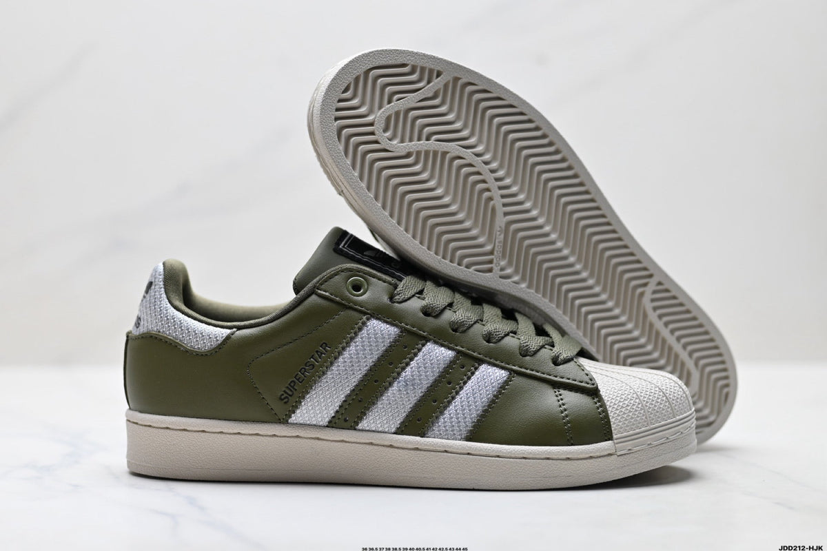Exclusive Adidas Superstar Olive Green Leather Sneakers – Classic Lifestyle Shoes — EU 36 / US M4 / W5.5 / 23CM — Back View