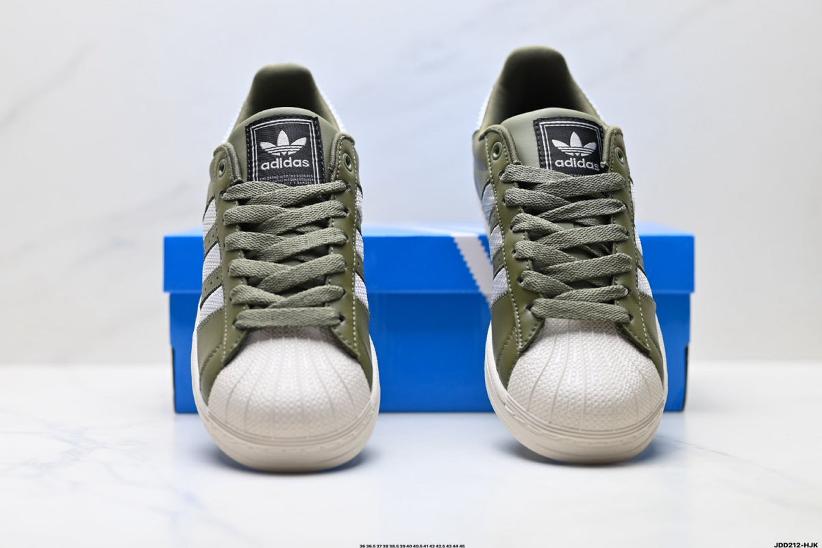 Exclusive Adidas Superstar Olive Green Leather Sneakers – Classic Lifestyle Shoes — EU 36 / US M4 / W5.5 / 23CM — Detail View