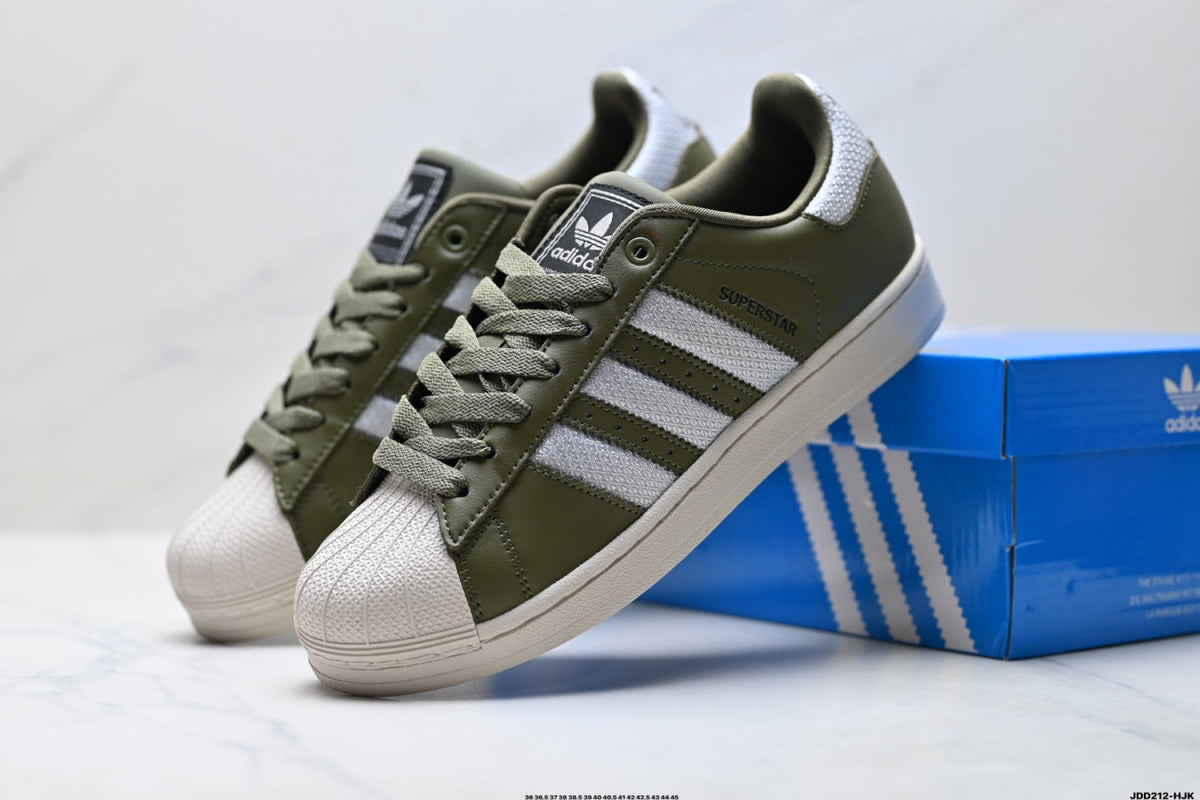 Exclusive Adidas Superstar Olive Green Leather Sneakers – Classic Lifestyle Shoes — EU 36 / US M4 / W5.5 / 23CM — Side View