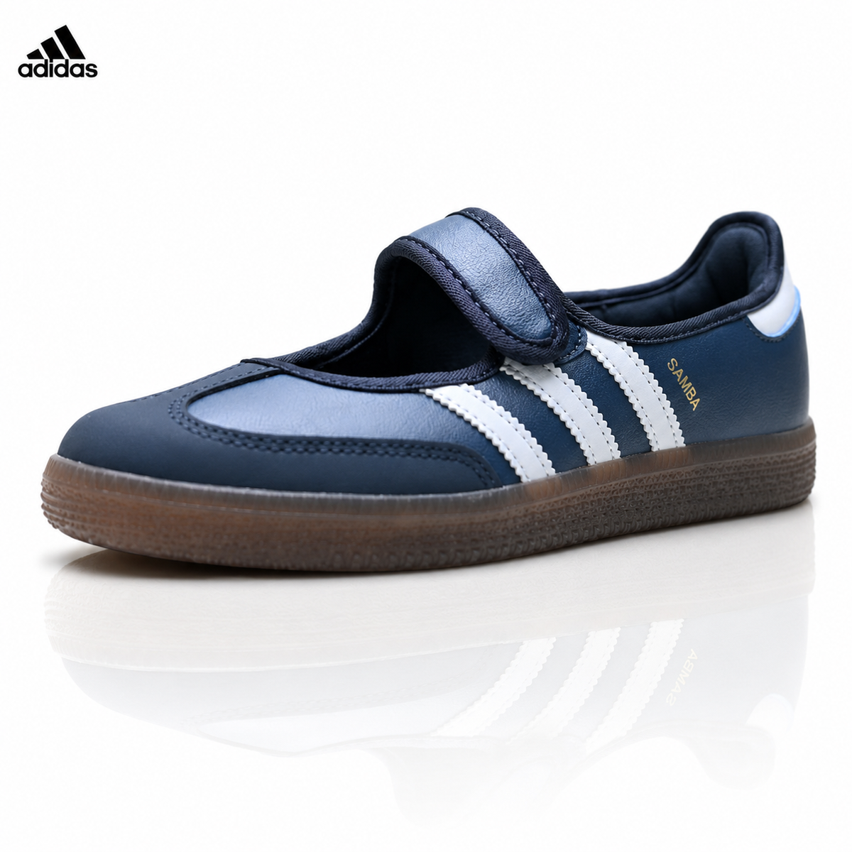 Exclusive Adidas Samba Mary Jane Navy Leather Sneakers – Classic Gum Sole Ballet Shoes — EU 36 / US M4 / W5.5 / 23CM — Front View