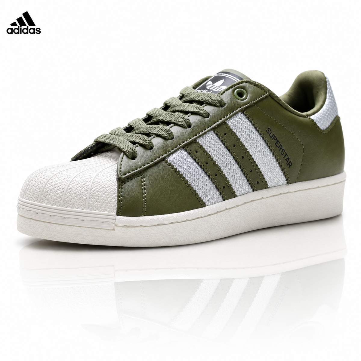 Exclusive Adidas Superstar Olive Green Leather Sneakers – Classic Lifestyle Shoes — EU 36 / US M4 / W5.5 / 23CM — Front View