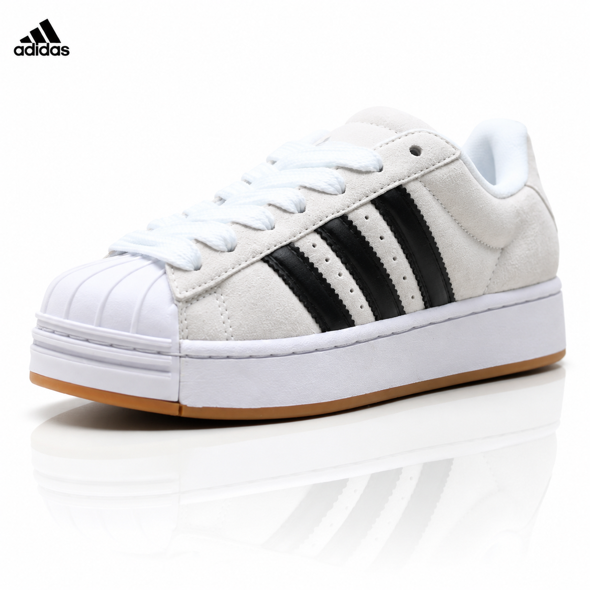 Exclusive Adidas Originals Superstar Platform White Black Suede Sneakers — EU 36 / US M4 / W5.5 / 23CM — Front View