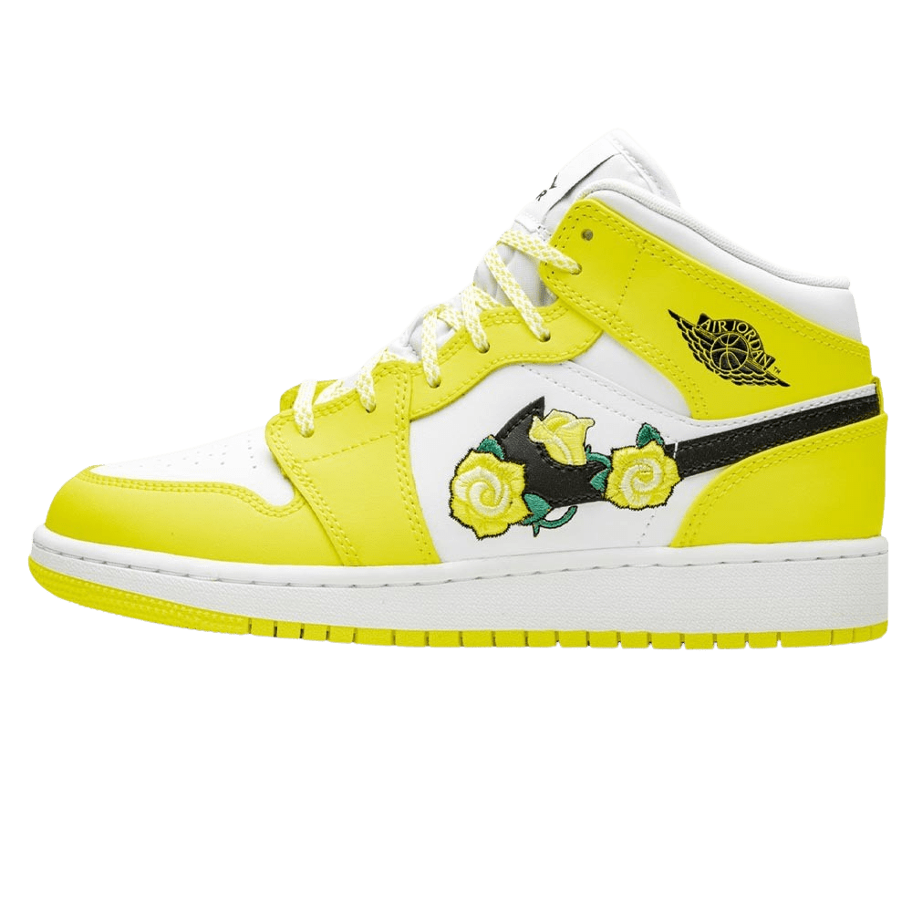 Exclusive Air Jordan 1 Mid SE GS 'Rose Patch - Dynamic Yellow' — UK 13.5 | EU 32 | US 1Y — Front View
