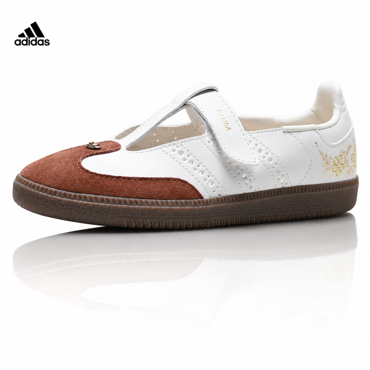 Exclusive Adidas Samba Mary Jane Leather Sneakers – White Brown Retro Ballet Shoes — EU 36 / US M4 / W5.5 / 23CM — Front View