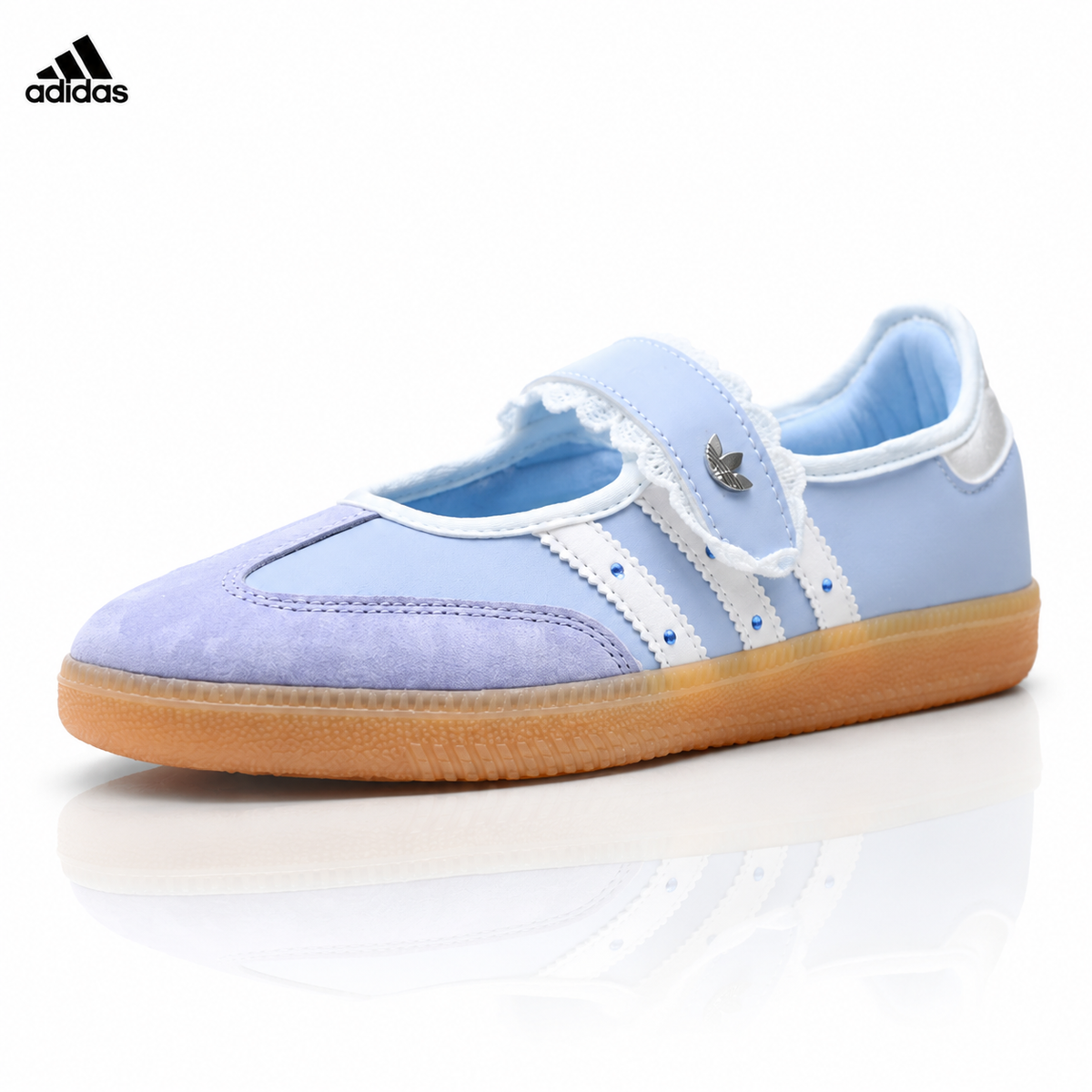 Exclusive Adidas Samba Mary Jane Light Blue Leather Sneakers – Retro Ballet Shoes — EU 36 / US M4 / W5.5 / 23CM — Front View
